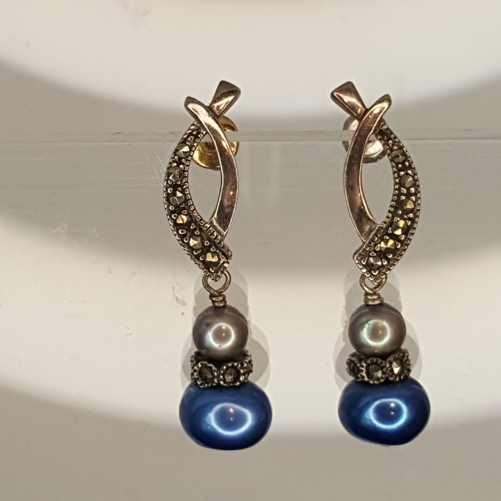 1" Sterling Marcasite Pearl Drop Earrings .925 Stamped Blue Grey Pretty